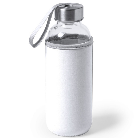 Glazen waterfles/drinkfles met witte softshell bescherm hoes 420 ml