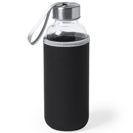 Glazen waterfles/drinkfles met zwarte softshell bescherm hoes 420 ml