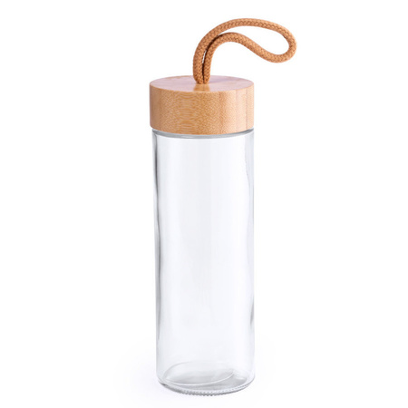 Glazen waterfles/drinkfles transparant met bamboe houten dop met handvat 420 ml