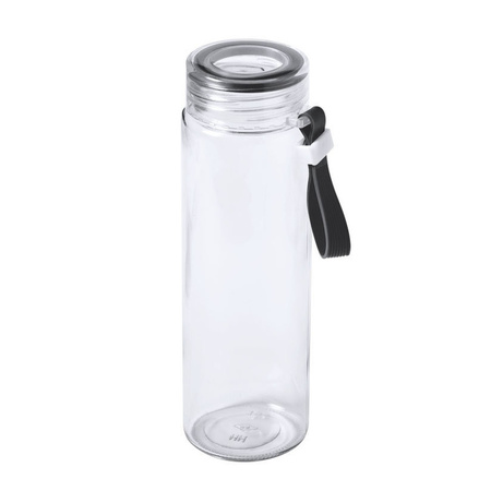 Glazen waterfles/drinkfles transparant met schroefdop zwart handvat 420 ml