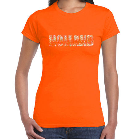 Glitter Holland t-shirt oranje rhinestone steentjes voor dames Nederland supporter EK/ WK