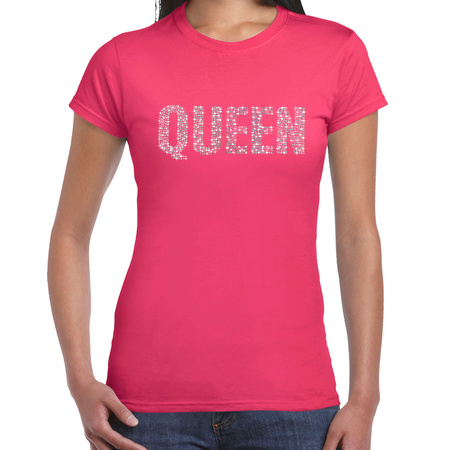 Glitter Queen t-shirt roze rhinestones steentjes voor dames - Glitter shirt/ outfit