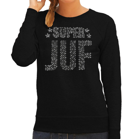 Glitter Super Juf sweater zwart rhinestones steentjes voor dames - Glitter cadeau trui/ outfit