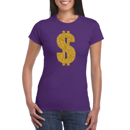 Gouden dollar / Gangster verkleed t-shirt / kleding paars dames