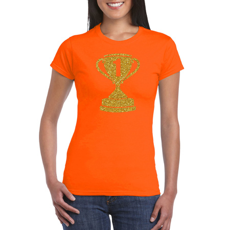 Gouden kampioens beker / nummer 1 t-shirt / kleding oranje dames