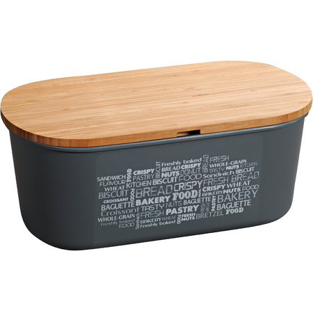 Grey bread bin with bamboo cutting board lid 18 x 34 x 14 cm