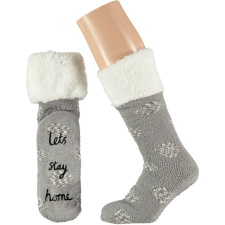 Gray girls house socks anti-slip Lets Stay Home size 20-24