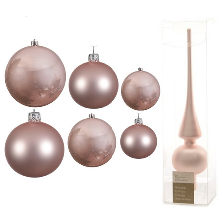 Groot pakket glazen kerstballen 50x lichtroze glans/mat 4-6-8 cm met piek mat