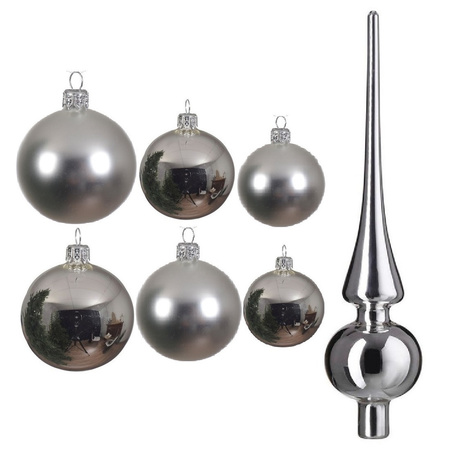 Large set glass Christmas boubles 50x pieces silver 4-6-8 cm with tree topper gloss