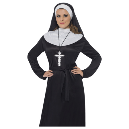 Nonnen carnaval verkleed setje van hoofdkap kraag en zilveren kruis aan ketting