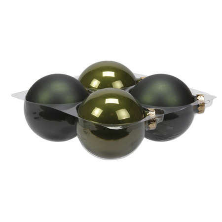 Grote kerstballen - 4x st - donker olijf groen - 10 cm - glas - mat/glans