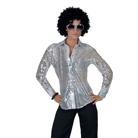 Grote maat zilveren disco verkleed blouse voor dames