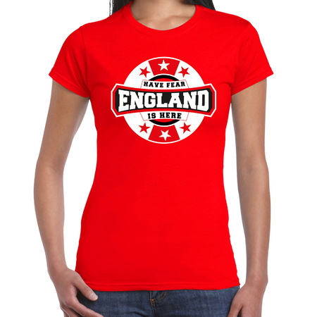 Have fear England is here / Engeland supporter t-shirt rood voor dames