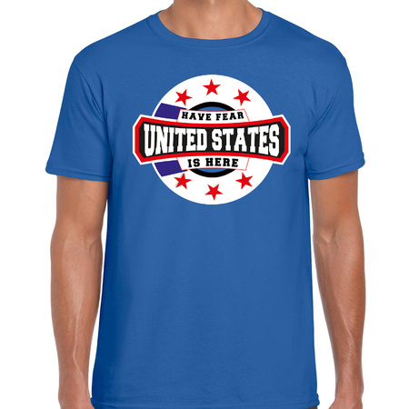 Have fear United States is here / Amerika supporter t-shirt blauw voor heren