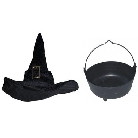 Heksen accessoires set fluwelen hoed met ketel 37 cm voor dames