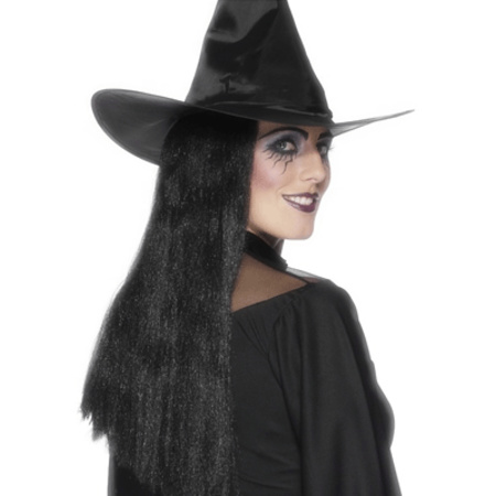 Heksen verkleed pruik zwart dames lang haar