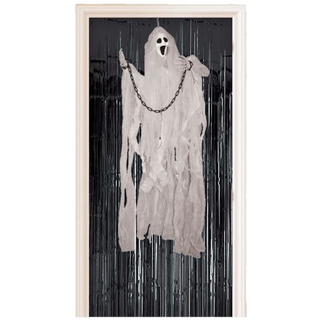Horror decoratie pakket hangende geest/spook pop met zwart deurgordijn