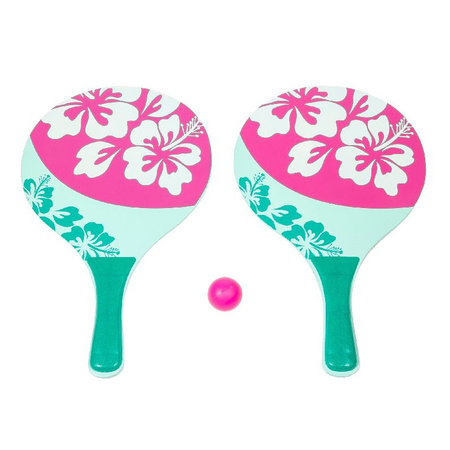 Houten beachball set groen/roze met bloemen print