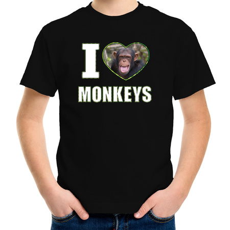 I love monkeys t-shirt met dieren foto van een Chimpansee aap zwart voor kinderen