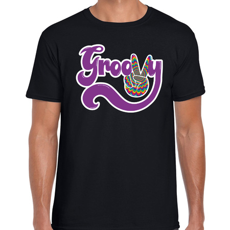 Jaren 60 Flower Power Groovy verkleed shirt zwart met psychedelische peace teken heren