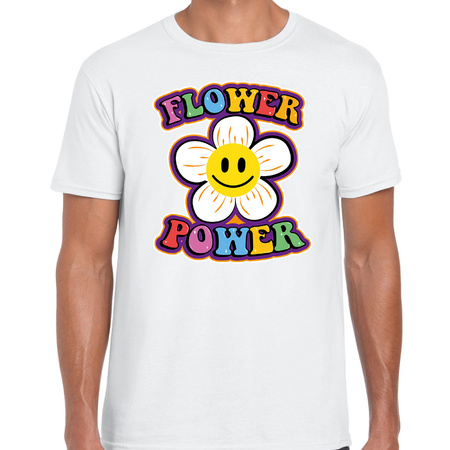 Jaren 60 Flower Power verkleed shirt wit met emoticon bloem heren