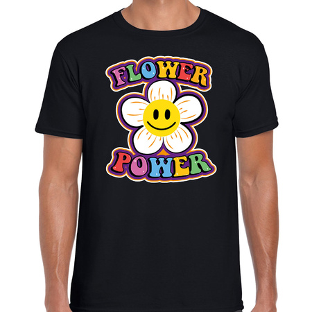 Jaren 60 Flower Power verkleed shirt zwart met emoticon bloem heren
