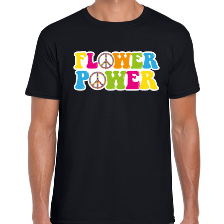 Jaren 60 Flower Power verkleed shirt zwart met gekleurde peace tekens heren