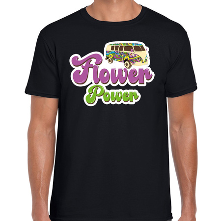 Jaren 60 Flower Power verkleed shirt zwart met hippie busje heren