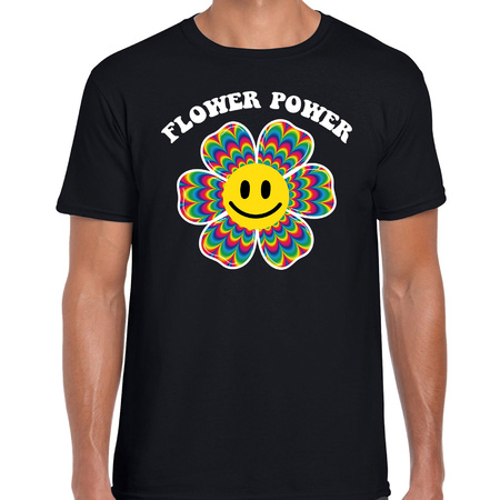 Jaren 60 Flower Power verkleed shirt zwart met psychedelische emoticon bloem heren