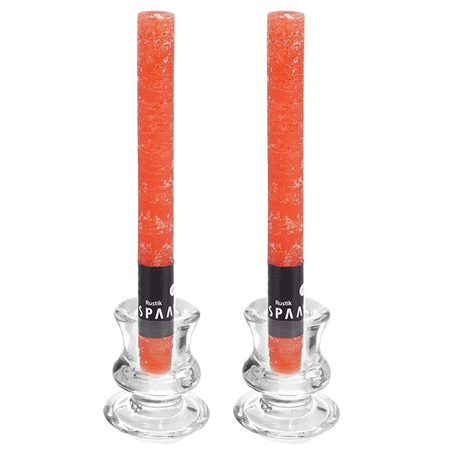 Glass candle holders set of 2x and 12x orange dinner candles 25 cm