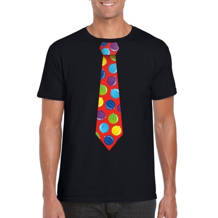 Kerst t-shirt stropdas met kerstballen print zwart voor heren