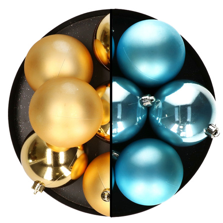 Kerstballen - 12x st - 8 cm - goud en blauw - kunststof