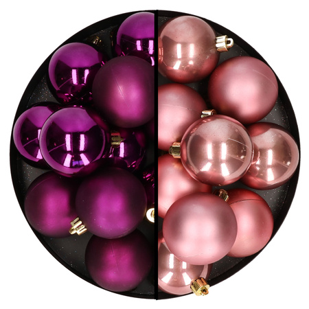 Kerstballen 24x stuks - mix oudroze en paars - 6 cm - kunststof