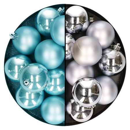 Kerstballen 24x stuks - mix zilver en ijsblauw - 6 cm - kunststof