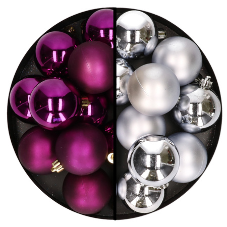 Kerstballen 24x stuks - mix zilver en paars - 6 cm - kunststof