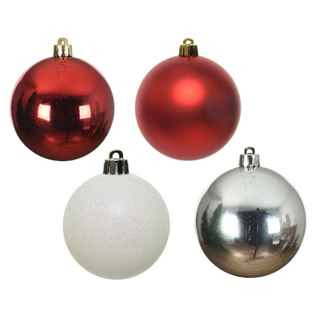Kerstballen 30x st - parelmoer wit/rood/zilver- 6 cm - met ster piek zilver- kunststof