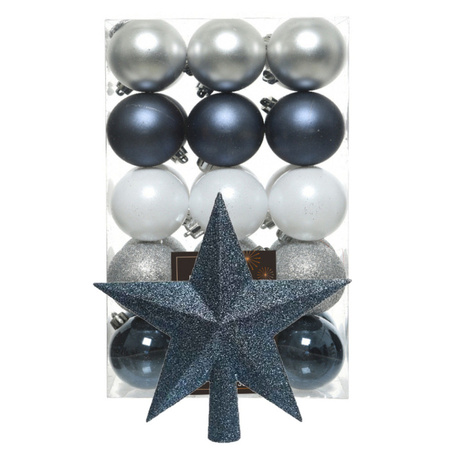 Kerstballen 30x st - 6 cm - met ster piek - blauw/wit/zilver -kunststof