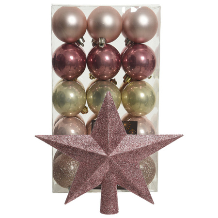 Kerstballen 30x st - roze/champagne- 6 cm - met ster piek oudroze- kunststof