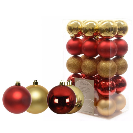 Kerstballen 42x stuks rood-goud 6 en 8 cm kunststof