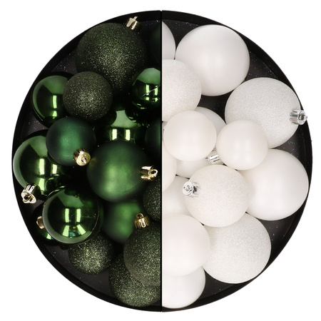 Kerstballen 60x stuks - mix donkergroen/wit - 4-5-6 cm - kunststof