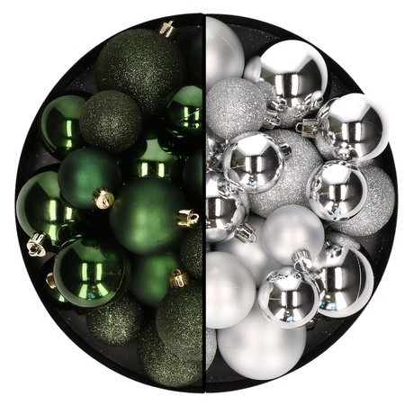 Kerstballen 60x stuks - mix donkergroen/zilver - 4-5-6 cm - kunststof
