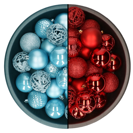 Christmas baubles - red and ice blue - 6 cm - plastic