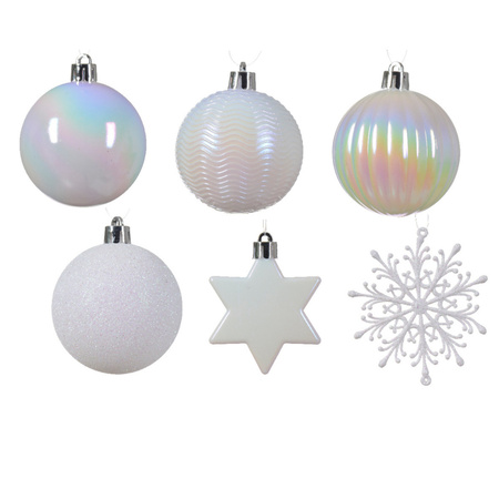 Kerstballen en ornamenten - 40x - kunststof - parelmoer wit - mix