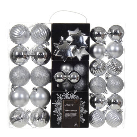 Kerstversiering set - zilver - kerstballen, ornamenten en folie slingers - kunststof