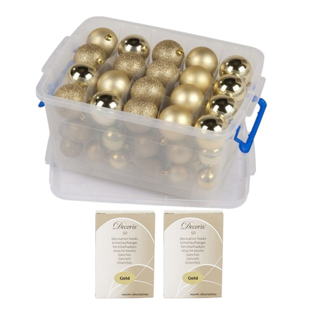 Kerstballen/kerstversiering goud in box 70 stuks met kerstbalhaakjes