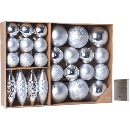 31x christmas tree decorations plastic baubles/ornaments silver with 50x hooks
