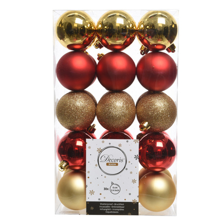 Kerstboom decoratie kerstballen mix goud/rood 30 stuks 6 cm