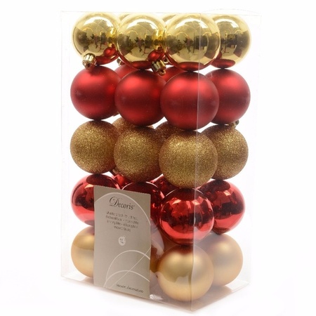 Kerstballen 42x stuks rood-goud 6 en 8 cm kunststof