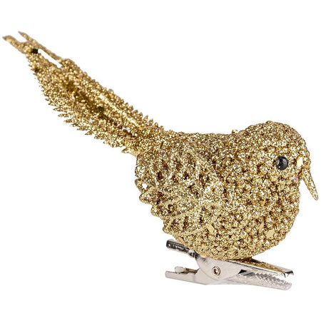 Kerstboom decoratie vogel - goud - op clip - 12 cm - kunststof - glitters