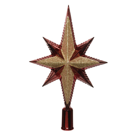 Kerstboom piek - ster - donkerrood/goud - kunststof - 25,5 cm
